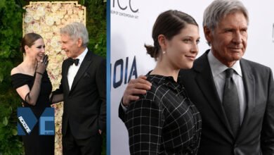 Split photo of actor Harrison Ford and his daughter Georgia Ford smiling together at public events.