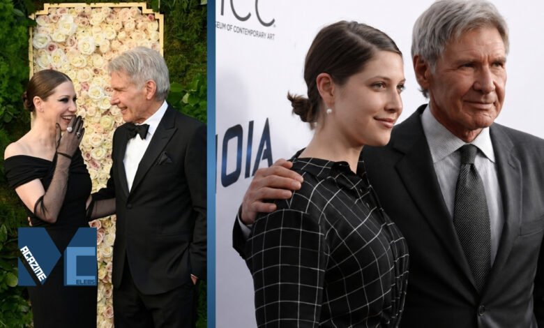 Split photo of actor Harrison Ford and his daughter Georgia Ford smiling together at public events.