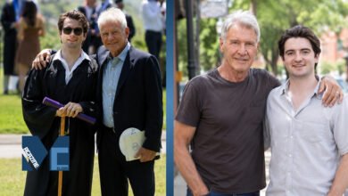 Split photo of actor Harrison Ford celebrating proudly with his son Liam Flockhart at his college graduation.