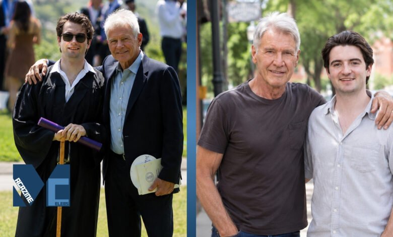 Split photo of actor Harrison Ford celebrating proudly with his son Liam Flockhart at his college graduation.