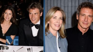 Split photo of actor Harrison Ford and his first wife Mary Marquardt during their marriage.