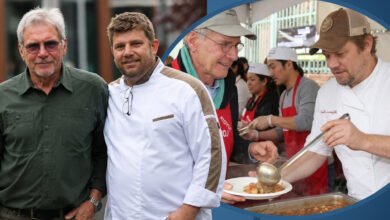 Split photo of actor Harrison Ford and his son, chef Benjamin Ford, posing and serving food at an event.