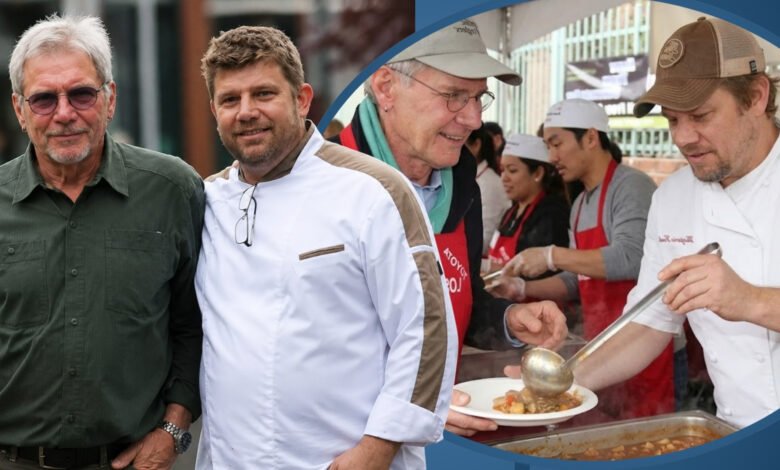 Split photo of actor Harrison Ford and his son, chef Benjamin Ford, posing and serving food at an event.