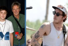 Split photo showing a young Malcolm Ford with his father Harrison Ford, alongside an older Malcolm Ford performing on stage with tattoos and a guitar strap.