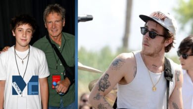 Split photo showing a young Malcolm Ford with his father Harrison Ford, alongside an older Malcolm Ford performing on stage with tattoos and a guitar strap.