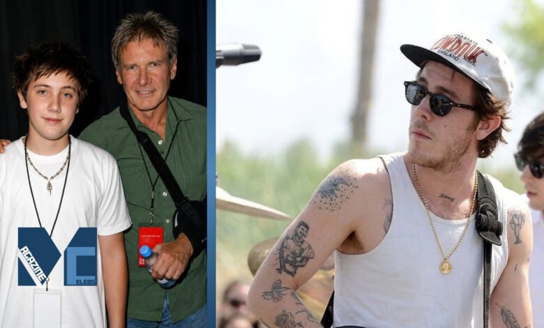 Split photo showing a young Malcolm Ford with his father Harrison Ford, alongside an older Malcolm Ford performing on stage with tattoos and a guitar strap.