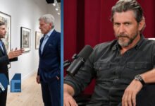 Split photo showing actor Harrison Ford at an event, alongside a portrait of his entrepreneur son Willard Ford sitting by a microphone.