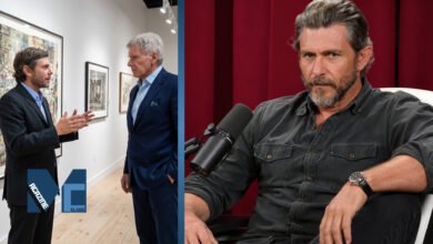 Split photo showing actor Harrison Ford at an event, alongside a portrait of his entrepreneur son Willard Ford sitting by a microphone.
