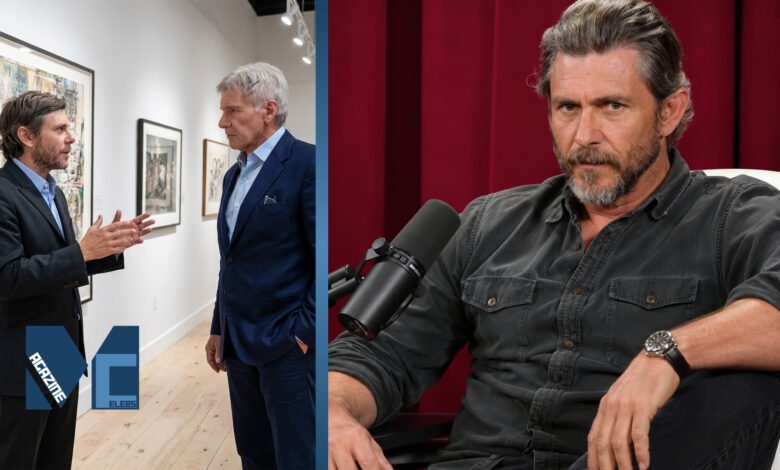 Split photo showing actor Harrison Ford at an event, alongside a portrait of his entrepreneur son Willard Ford sitting by a microphone.