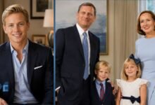A composite image featuring a solo portrait of an adult Jack Roberts on the left, and a childhood family photo of Chief Justice John Roberts, Jane Sullivan Roberts, and their children Jack and Josie on the right.