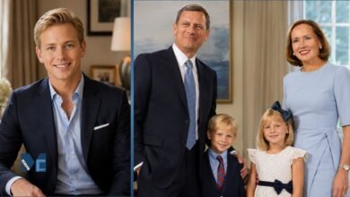 A composite image featuring a solo portrait of an adult Jack Roberts on the left, and a childhood family photo of Chief Justice John Roberts, Jane Sullivan Roberts, and their children Jack and Josie on the right.