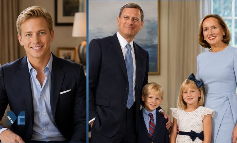 A composite image featuring a solo portrait of an adult Jack Roberts on the left, and a childhood family photo of Chief Justice John Roberts, Jane Sullivan Roberts, and their children Jack and Josie on the right.