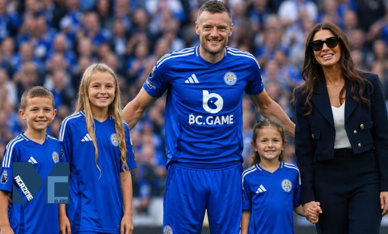 Jamie Vardy and Rebekah Vardy with their children Sofia, Finley, and Olivia on the pitch at Leicester City.