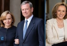 Jane Sullivan Roberts standing next to her husband, Chief Justice John Roberts, paired with a professional solo portrait of Jane Roberts.