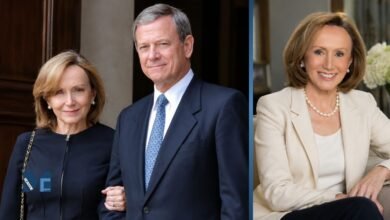 Jane Sullivan Roberts standing next to her husband, Chief Justice John Roberts, paired with a professional solo portrait of Jane Roberts.