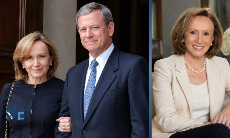 Jane Sullivan Roberts standing next to her husband, Chief Justice John Roberts, paired with a professional solo portrait of Jane Roberts.