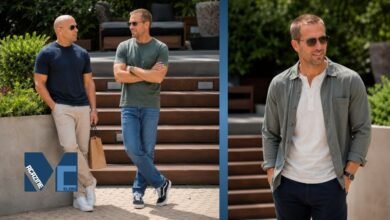 Jason Statham standing casually with his brother Lee Statham outdoors in stylish casual outfits.