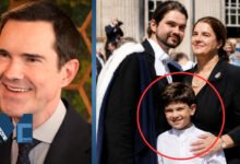 Split image showing British comedian Jimmy Carr on the left, and a childhood family photo on the right highlighting a young Jimmy Carr in a red circle next to his mother, Nora Mary Carr.
