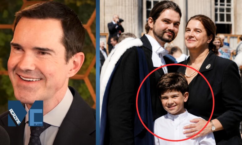 Split image showing British comedian Jimmy Carr on the left, and a childhood family photo on the right highlighting a young Jimmy Carr in a red circle next to his mother, Nora Mary Carr.