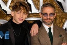 Joe Freeman posing on the red carpet with his father, British actor Martin Freeman.