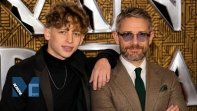 Joe Freeman posing on the red carpet with his father, British actor Martin Freeman.