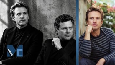 Jonathan Firth and Colin Firth posing together in a stylish black-and-white portrait alongside a casual outdoor photo of Jonathan Firth.