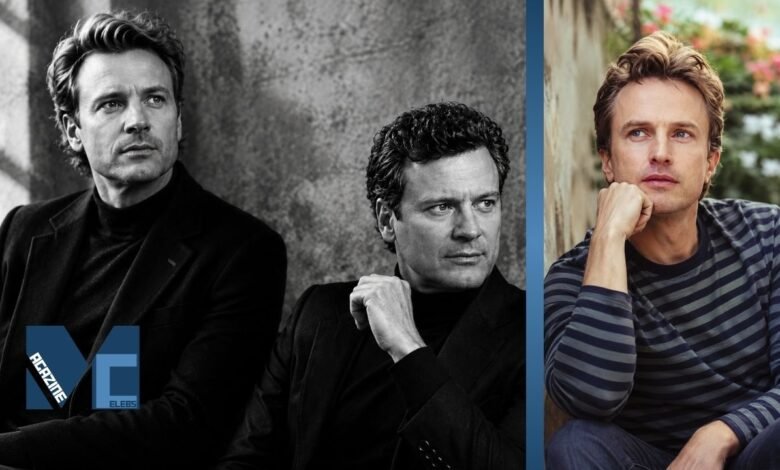 Jonathan Firth and Colin Firth posing together in a stylish black-and-white portrait alongside a casual outdoor photo of Jonathan Firth.