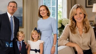 Childhood family portrait of Josie Roberts with her father Chief Justice John Roberts, mother Jane Sullivan Roberts, and brother Jack, alongside a portrait representing Josie Roberts as a young adult.