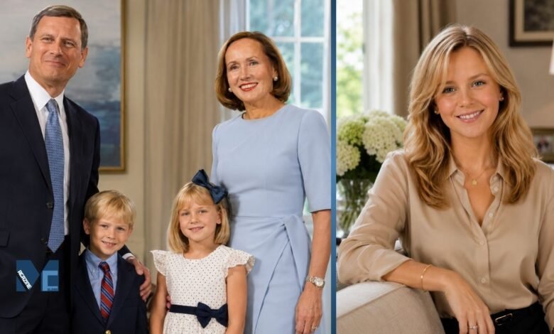 Childhood family portrait of Josie Roberts with her father Chief Justice John Roberts, mother Jane Sullivan Roberts, and brother Jack, alongside a portrait representing Josie Roberts as a young adult.