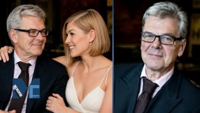 British opera singer Julian Pike smiling with daughter Rosamund Pike in a warm father daughter portrait
