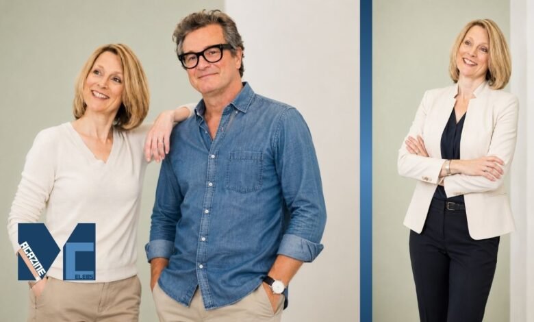 Kate Firth posing with her brother Colin Firth in a professional portrait session