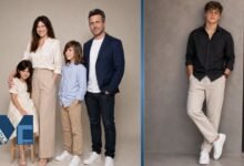 Leonard Sandler posing alongside his parents Kathryn Hahn and Ethan Sandler in a family portrait collage.