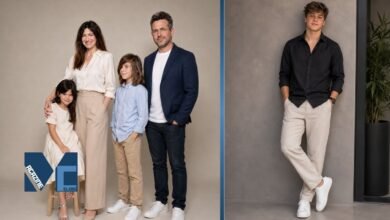 Leonard Sandler posing alongside his parents Kathryn Hahn and Ethan Sandler in a family portrait collage.