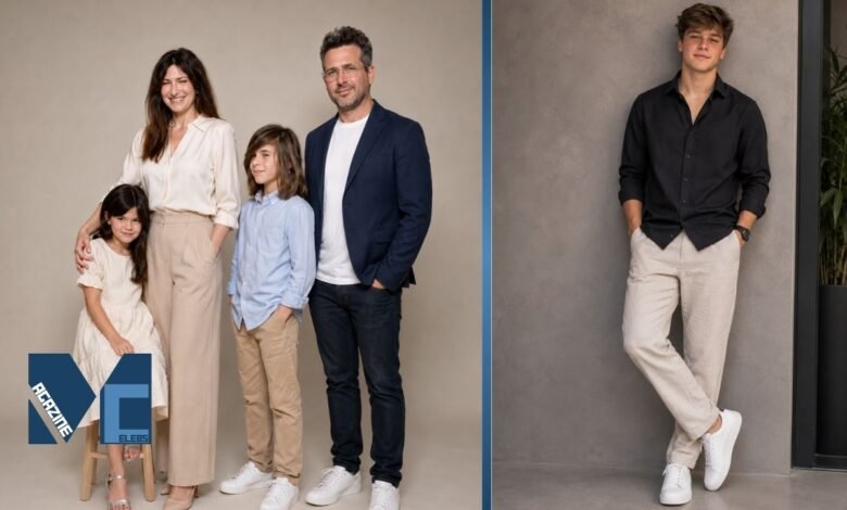 Leonard Sandler posing alongside his parents Kathryn Hahn and Ethan Sandler in a family portrait collage.