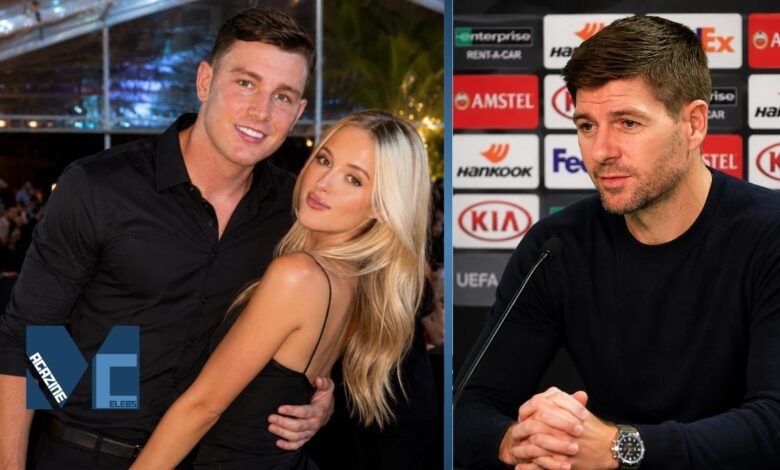 A split photo showing Lilly-Ella Gerrard in a black strap dress posing with her partner Lee Byrne on the left, next to a portrait of Steven Gerrard speaking at a UEFA press conference panel on the right.