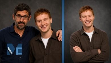 Louis Theroux posing with Frederick Theroux in a studio-style portrait alongside an individual portrait of Frederick Theroux