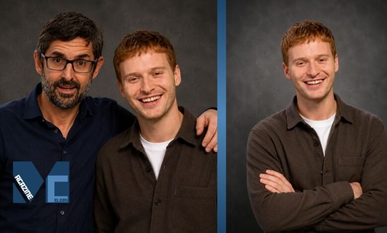 Louis Theroux posing with Frederick Theroux in a studio-style portrait alongside an individual portrait of Frederick Theroux