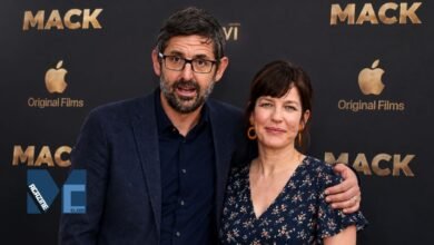 Louis Theroux posing with his wife Nancy Strang at an Apple Original Films event premiere