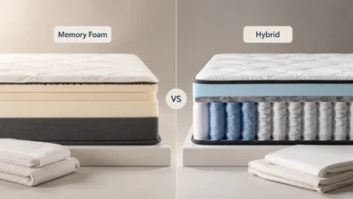 A clean editorial cross-section diagram showcasing a side-by-side comparison of a solid multi-layer Memory Foam mattress on the left versus a Hybrid mattress with pocketed steel coil springs and a top gel comfort layer on the right.