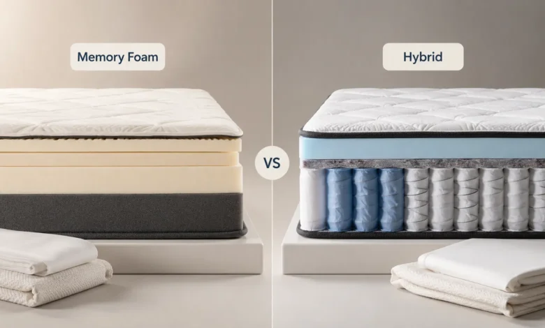 A clean editorial cross-section diagram showcasing a side-by-side comparison of a solid multi-layer Memory Foam mattress on the left versus a Hybrid mattress with pocketed steel coil springs and a top gel comfort layer on the right.