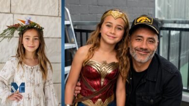 Director Taika Waititi posing alongside his young daughter, Matewa Kiritapu, who is dressed in a Wonder Woman costume.