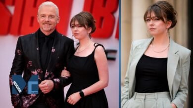 Actor Simon Pegg standing on the red carpet with his daughter Matilda Pegg, alongside a solo portrait of Matilda in a blazer.