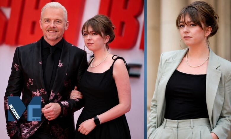 Actor Simon Pegg standing on the red carpet with his daughter Matilda Pegg, alongside a solo portrait of Matilda in a blazer.