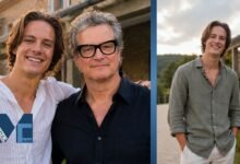 Matteo Firth smiling beside his father Colin Firth outdoors in a casual family portrait during sunset in 2026.