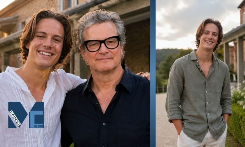Matteo Firth smiling beside his father Colin Firth outdoors in a casual family portrait during sunset in 2026.