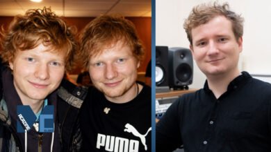 Split photo showing composer Matthew Sheeran smiling alongside his younger brother Ed Sheeran, paired with a portrait of Matthew in a music studio.
