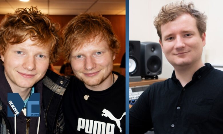 Split photo showing composer Matthew Sheeran smiling alongside his younger brother Ed Sheeran, paired with a portrait of Matthew in a music studio.
