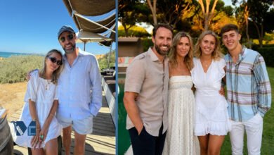 Mia Southgate posing with her father Gareth Southgate on a sunny holiday, alongside a beautiful family portrait featuring Gareth, his wife Alison, Mia, and son Flynn Southgate.