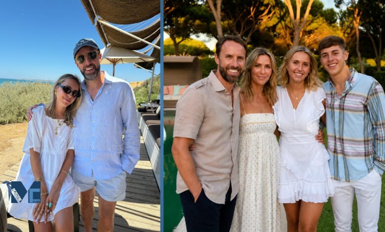Mia Southgate posing with her father Gareth Southgate on a sunny holiday, alongside a beautiful family portrait featuring Gareth, his wife Alison, Mia, and son Flynn Southgate.