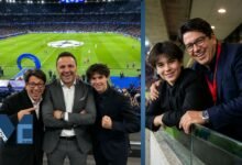 Split photo showing comedian Michael McIntyre and his son Lucas McIntyre smiling and enjoying a Champions League football match.